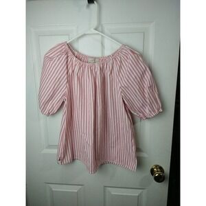 Loft Pink White Striped Casual Peasant Side Slit Blouse. Size SP